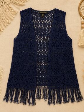 Noble Outfitters Crochet Fringe Vest XL XXL Navy Boho Western Festival Layer